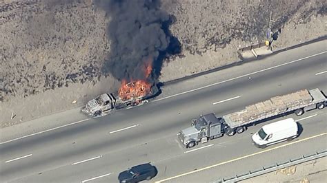 Truck Fire On Interstate 5 Freeway Causes Brush Fire