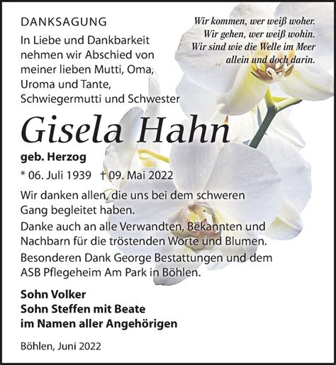 Traueranzeigen Von Gisela Hahn Trauer Anzeigen De