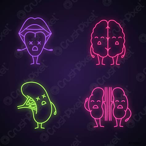 Sad Human Internal Organs Characters Neon Light Icons Set Stock