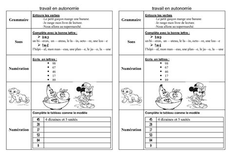 fiches et travail en autonomie ce1 ce2 en français et maths