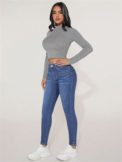 SHEIN PETITE Jeans ajustados unicolor Moda de Mujer SHEIN México