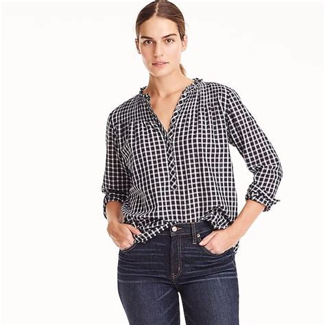 Womens Ruffle Classic Popover Shirt In Mini Windowpane Womens