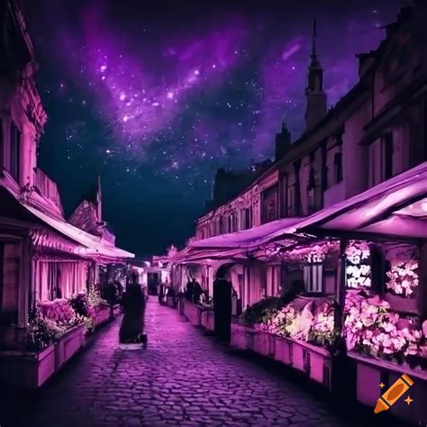 Gothic Night Street Marketplace With Ivy Neon Lights And Purple