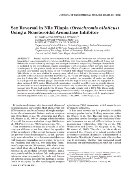 Pdf Sex Reversal In Nile Tilapia Oreochromis Niloticus Using A Nonsteroidal Aromatase