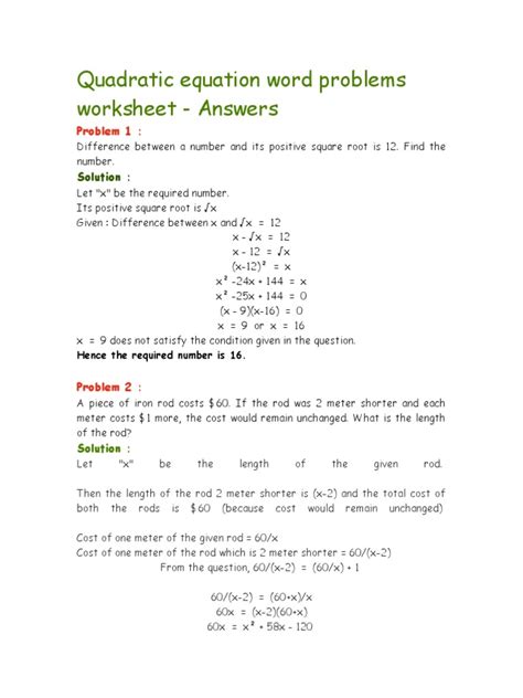 Quadratic Formula Word Problems Worksheet Answers