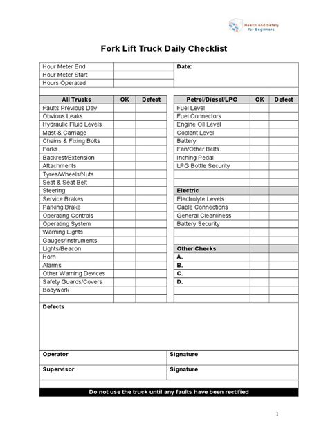 Fork Lift Truck Daily Checklist Date