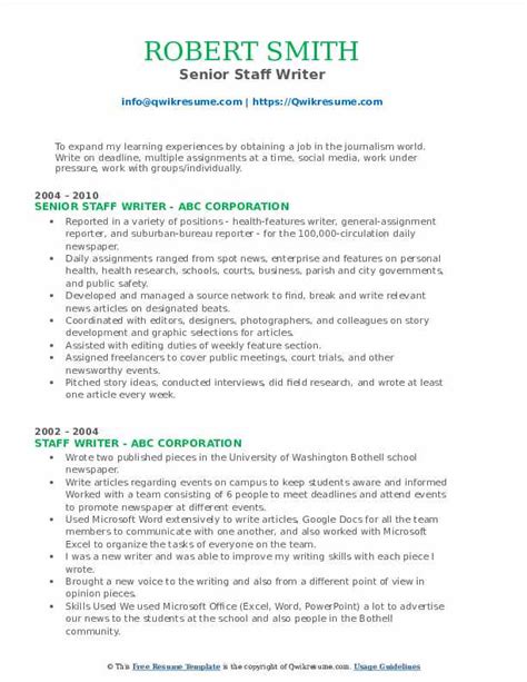 Staff Writer Resume Samples QwikResume