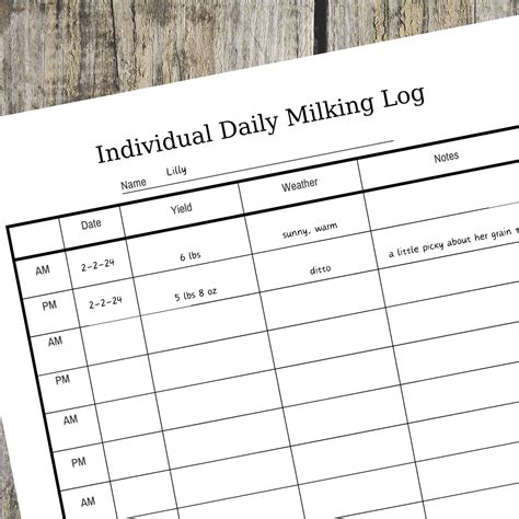 Individual Daily Milk Record, Milking Log, Dairy Printable