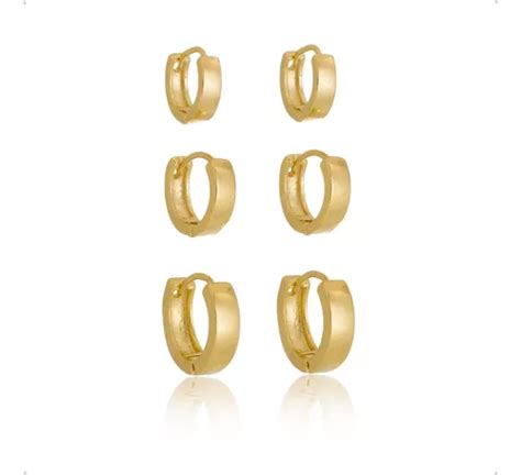 Trio Argola 1 2 3 Furos Lisa Reta Banhado A Ouro 18k Parcelamento Sem