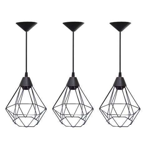 Trio Lustre Lumin Ria Pendente Aramado Diamante Preto Canopla