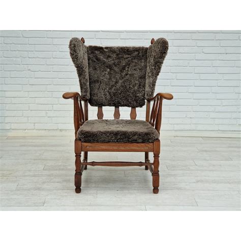 Fauteuil Vintage Danois Haut Dossier En Peau De Mouton Et Bois De