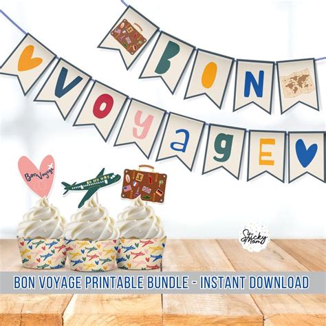 Bon Voyage Bundle Banner Cupcake Toppers Printable Farewell Party