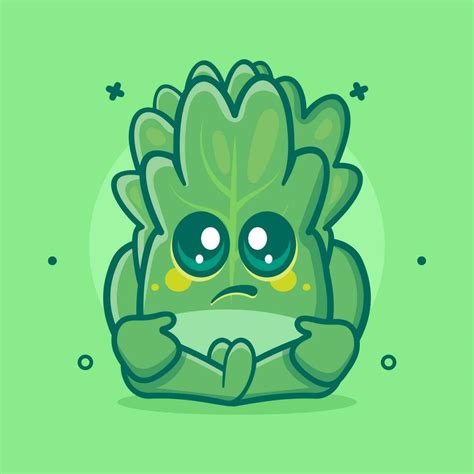 kawaii lechuga vegetal personaje mascota con triste expresión aislado