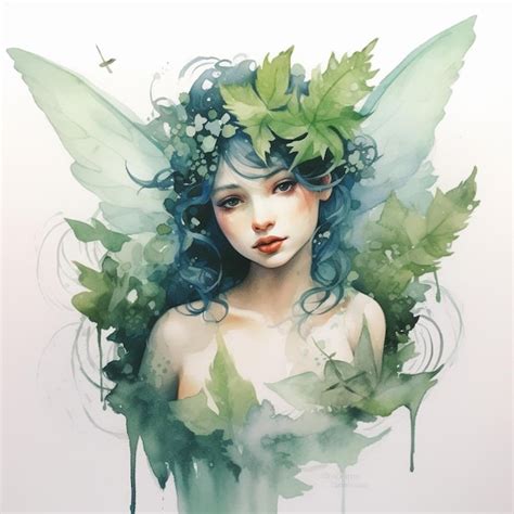 Premium Ai Image Painting Of A Woman With Blue Hair And Green Leaves