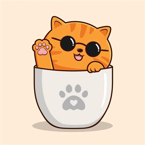 Tabby Orange Cat In Cup Cute Striped Orange Cat Waving Hand Paws With