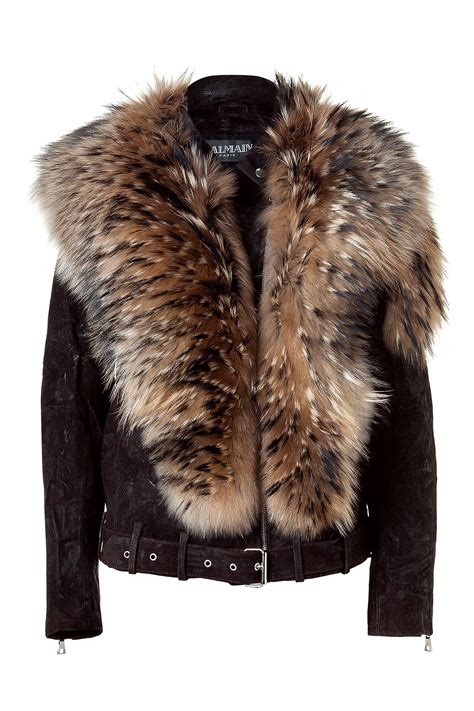 Lyst Balmain Brown Leather Biker Jacket With Fur Collar In Brown