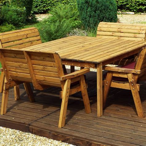 Eight Seater Square Wooden Garden Table Set with Bench Seats & Burgundy Cushions