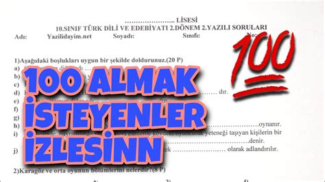 10 Sınıf Edebiyat 2 Dönem 2 Yazılı YouTube