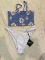 ZAFUL Floral Sunflower Daisy Bandeau Smocked Bikini Swimsuit In DEEP YELLOW ZAFUL