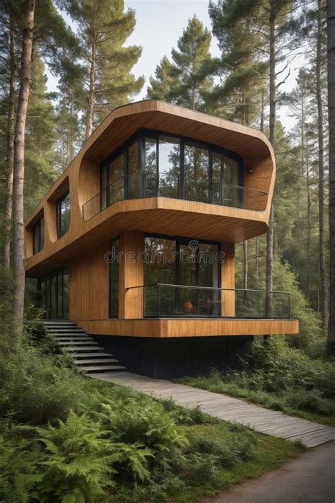 A Modern Wooden Cabin Nestled In A Lush Pine Forest Stock Photo Image