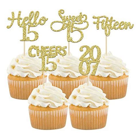 Gyufise 30 Pack Gold Glitter 15th Birthday Cupcake Toppers Hello Sweet