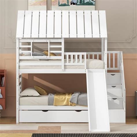 Amazon Bunk Bed Twin Over Twin With Roof Wood House Bunk Bed With