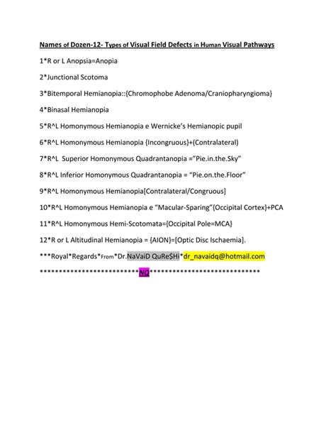 Names of classical ten types of visual field defects in human visual pathways | PDF