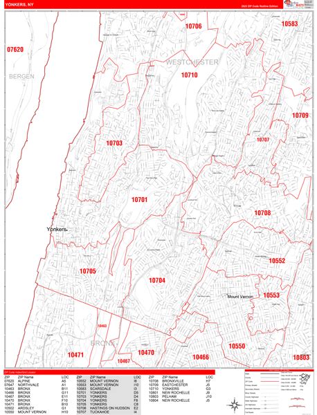 Yonkers New York Zip Code Wall Map Red Line Style By Marketmaps Mapsales