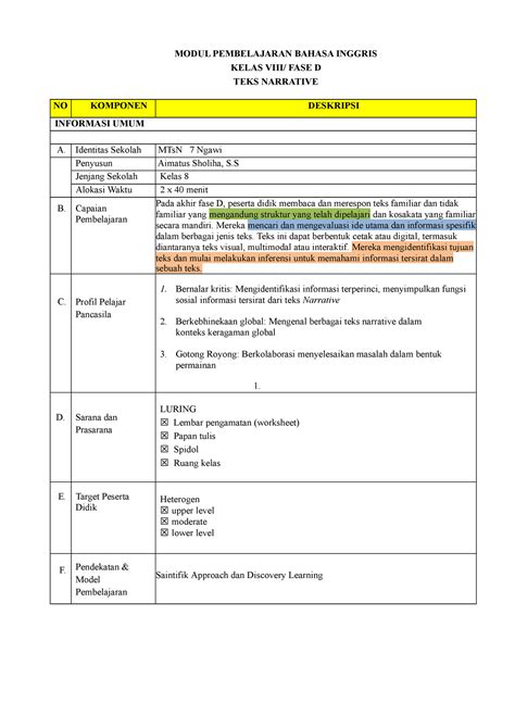 Modul AJAR TEXT Narrative 8 MODUL PEMBELAJARAN BAHASA INGGRIS KELAS