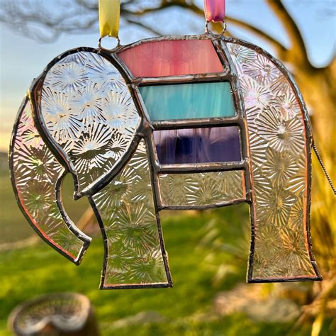 Pretty Elephant Stained Glass Suncatcher In Shades Of Purple With Iridescent Etsy