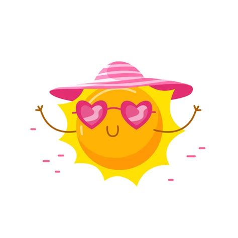 Cute Cartoon Sun Character Wearing Heart Sunglasses Riding Surf Board Kawaii Personage Summer