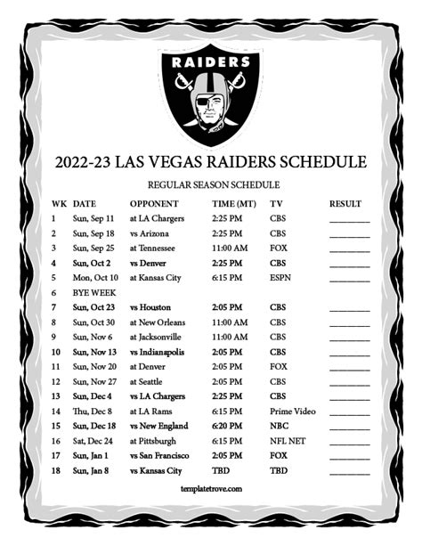 Printable 2022-2023 Las Vegas Raiders Schedule