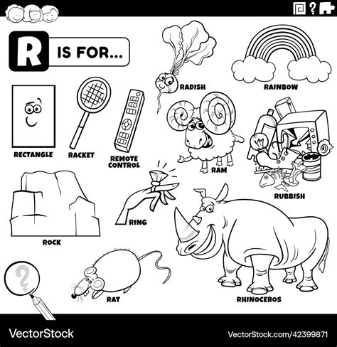 Letter R Words Educational Set Coloring Book Page Vector Image