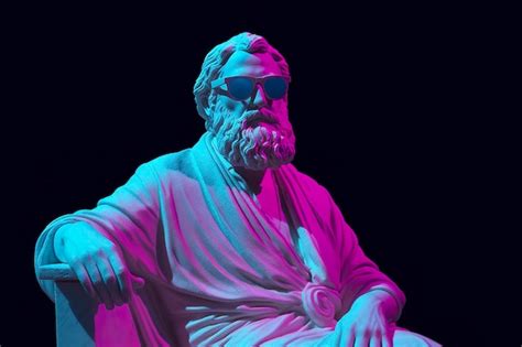 Una estatua blanca de platón en una pose genial con gafas 3d magenta y