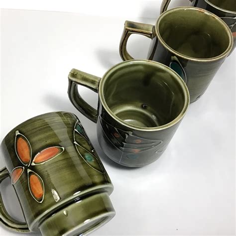 4 Vintage Otagiri Style Dark Green Ceramic Mugs C 1970s Etsy