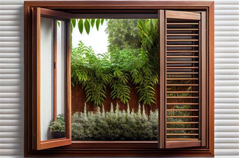 Ventana Con Persianas De Madera Cl Sicas Y Vistas Al Jard N Foto Premium