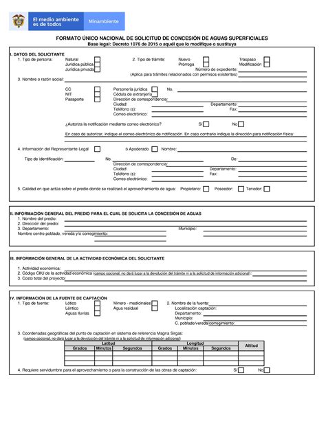 Formato Único Nacional de Solicitud de Concesión de Aguas Superficiales