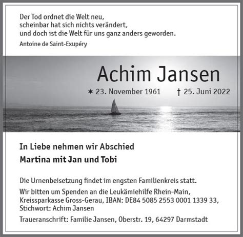 Traueranzeigen Von Achim Jansen Vrm Trauer De