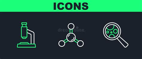 Set Line Microorganisms Under Magnifier Microscope And Molecule Icon