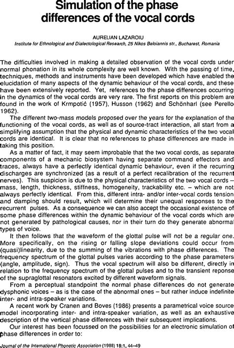 Simulation Of The Phase Differences Of The Vocal Cords Journal Of The