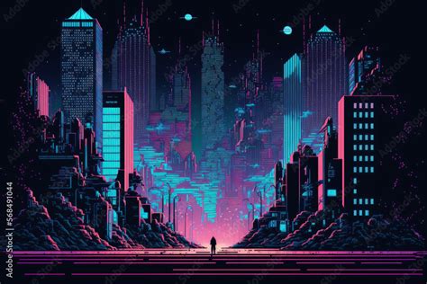 Night In A Cyberpunk City Composition Of Retro Futuristic Pixel Art