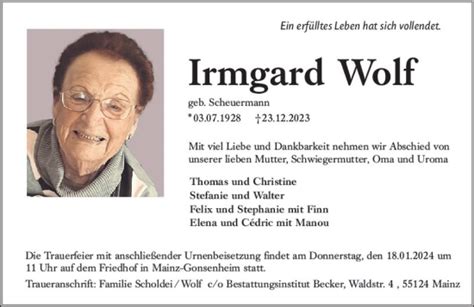 Traueranzeigen Von Irmgard Wolf Vrm Trauer De