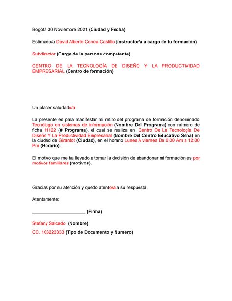 Carta De Retiro Voluntario Sena Bogot Noviembre Ciudad Y