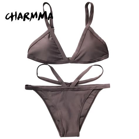 Zaful Sexy Padded V Strap Thong Bikinis Women Coffee Swimsuit Brazilian Bikini Set Bandage