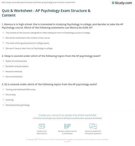 Quiz Worksheet Ap Psychology Exam Structure Content Study