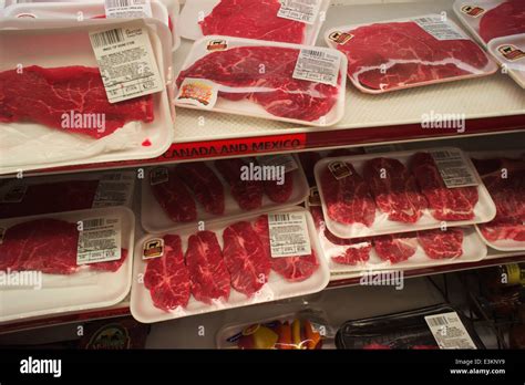 Packages Of Beef Are Seen In The Butcher Department Of A Supermarket In