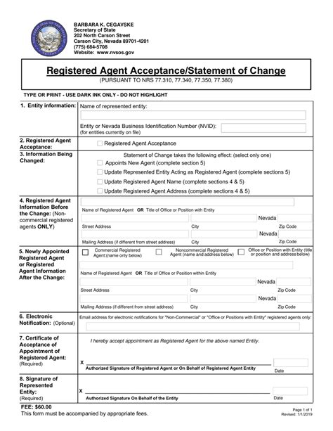 Nevada Registered Agent Acceptance Statement Of Change Fill Out Sign