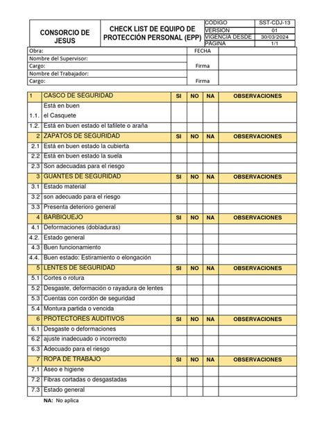 Check List De Equipo De ProtecciÓn Personal Imprimir Pdf