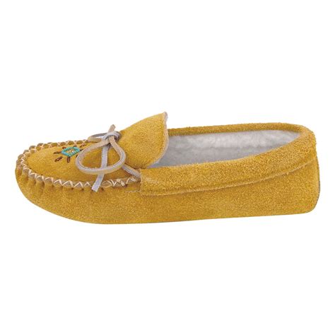 Womens Genuine Moosehide Suede Fleece Lined Beaded Moccasin Slippers