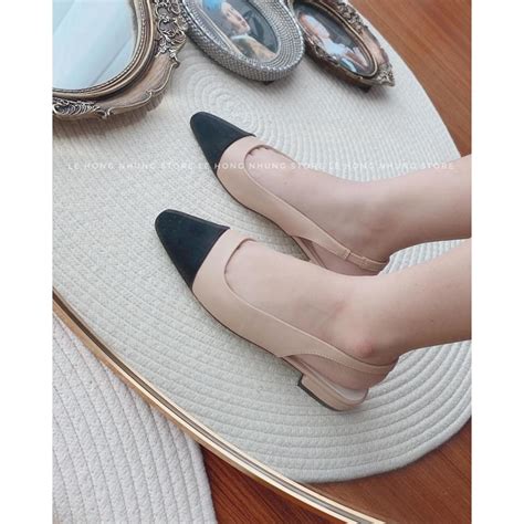 Sandal da mịn đen nude mũi đen chun sau P Shopee Việt Nam
